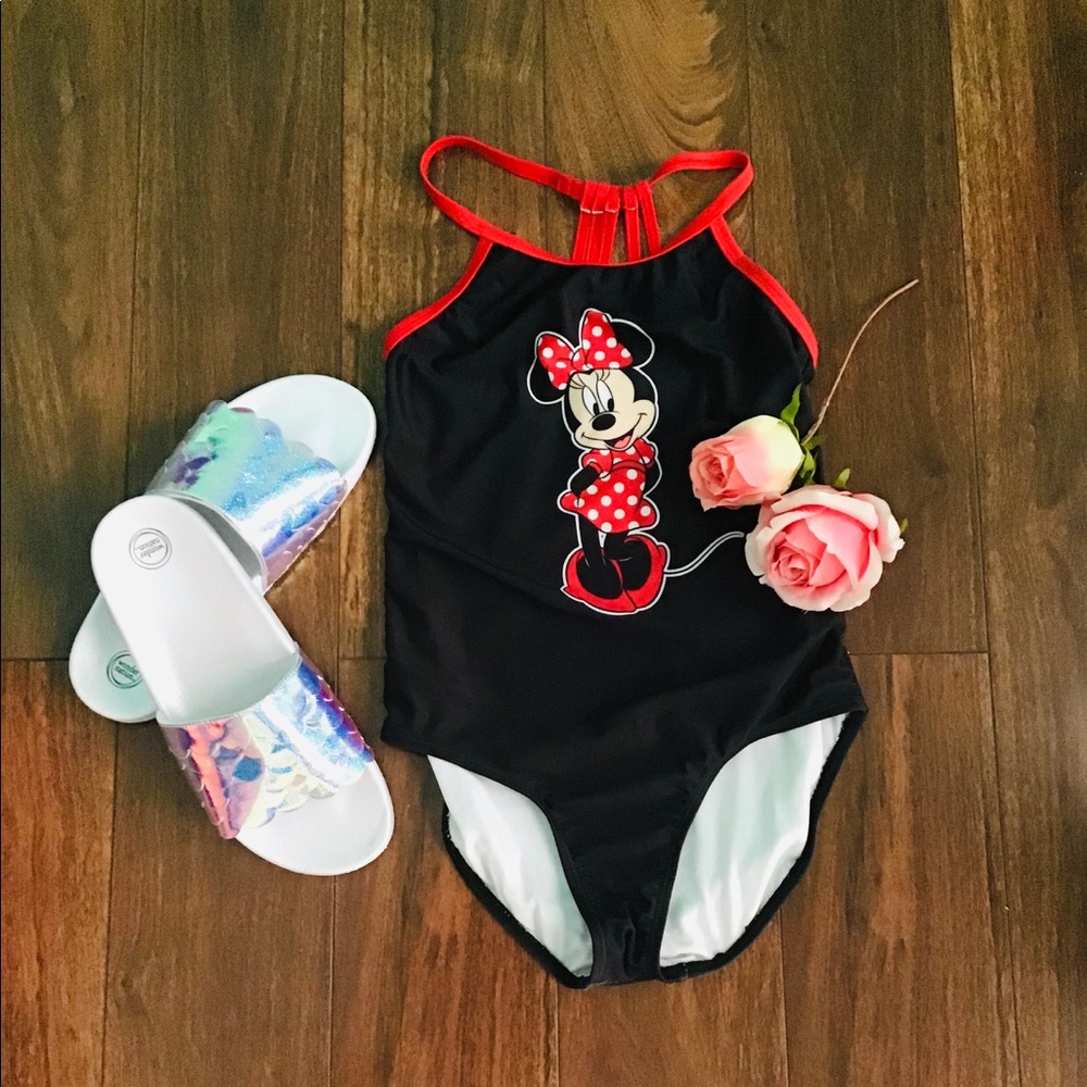 GIRLS BLACK MINNIE MOUSE ONE PIECE BATHING SUIT